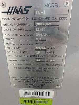 2010 Haas TL-1 CNC Lathe Single Or 3 Phase Capable